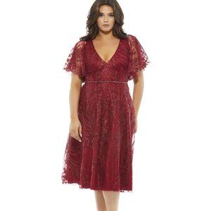 WT N Duggal Burgundy Flutter Sleeve Beaded A Line Midi Dress SZ‎ 22W 67904